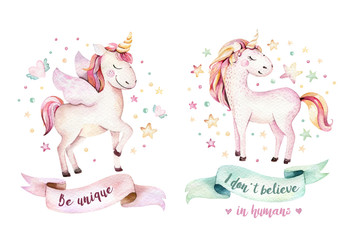 Isolated cute watercolor unicorn clipart. Nursery unicorns illustration. Princess rainbow unicorns poster. Trendy pink cartoon horse.