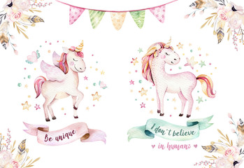Fototapety  Isolated cute watercolor unicorn clipart. Nursery unicorns illustration. Princess rainbow unicorns poster. Trendy pink cartoon horse.