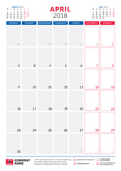 April 2018. Calendar planner design template. Portrait orientation. Week starts on Monday. Stationery design
