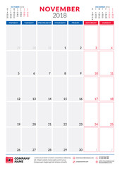 November 2018. Calendar planner design template. Portrait orientation. Week starts on Monday. Stationery design