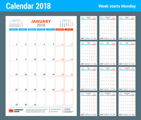 Calendar planner design template for 2018 year. Portrait orientation. Week starts on Monday. Stationery design. Set of 12 months