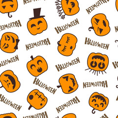 Halloween background with pumpkins. Seamless pattern design. Vector illustration.