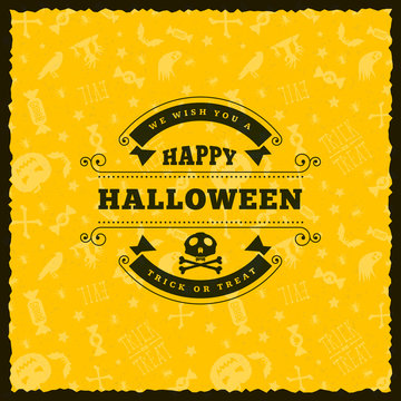 Happy Halloween Badge, sticker, label with seamless yellow background. Design element for greeting card or party flyer. Vector illustration