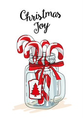Christmas theme, candy canes in glass jar with red ribbon and text Christmas joy, illustration