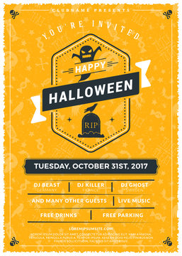 Halloween celebrations. Vintage label on the textured background. Typography poster or flyer template for Halloween party