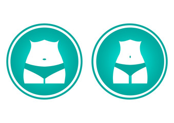 Icons female body silhouette. Fat and slim woman figure, before and after weight loss. Vector illustration