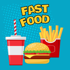 Fast food. Glass of soda with french fries and cheeseburger on blue background, colorful vector illustration