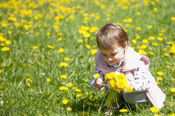 Happy childhood. The little girl collects bouquet  of wildflowers. Place for text. (Recreation, summer, nature, vacation concept)