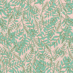 Gorgeous floral seamless pattern with acacia inflorescences and leaves. Tender blooming white flowers on pink background. Botanical vector illustration in art deco style for textile print, wallpaper.