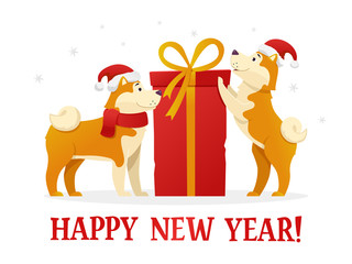 Happy New Year 2018 postcard template with two cute yellow dogs with the dig red gift on white background. The dog cartoon characters vector illustration