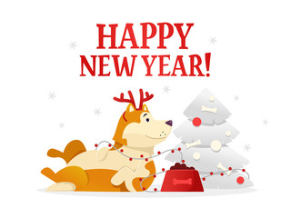 Happy New Year 2018 postcard template with the cute yellow dog lying near the Christmas tree on white background. The dog cartoon character vector illustration.