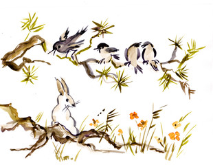Rabbit and birds