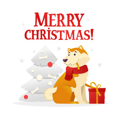 Merry Christmas postcard template with the cute yellow dog with the red gift sitting near the Christmas tree on white background. The dog cartoon character vector illustration.