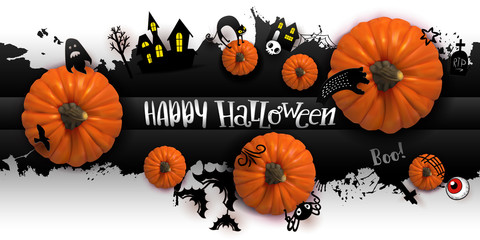 Happy Halloween Paper art banner with cartoon silhouettes on blot background with realistic Pumpkins. Vector illustration. Paper cut holiday design with hand lettering greetings. Retro style banner