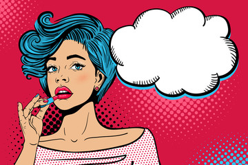Pop art makeup. Closeup of sexy girl with blu short hair paints her lips with lipstick in her hand. Vector colorful background in comic retro pop art style. Cosmetics applying on female face.