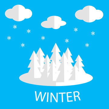 Winter vector picture. White Christmas trees, clouds and snowflakes