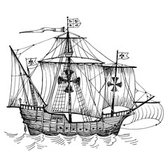 Old caravel, vintage sailboat. Hand drawn vector sketch. Detail of the old geographical maps of sea