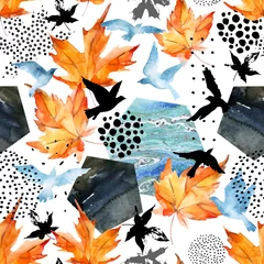 Gordijnen Herfst aquarel achtergrond: bladeren, vogel silhouetten, zeshoeken. © Tanya Syrytsyna