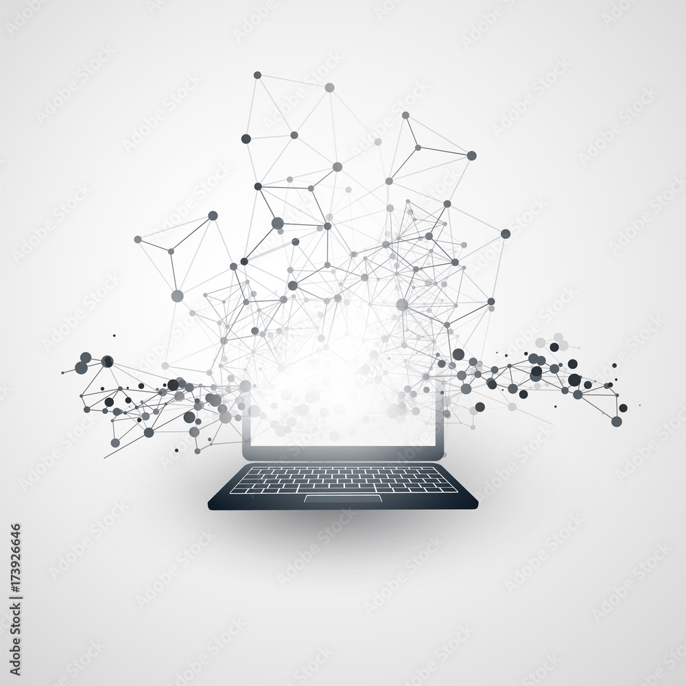 Poster abstract cloud computing and global network connections concept design with laptop computer, wireles