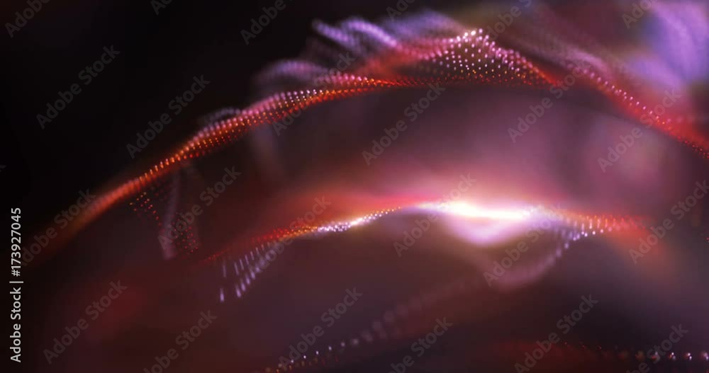 Poster 4k animated background loop with audio elements. 3d abstract digital wave of glowing particles and w