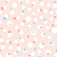 Circles drawn by hand. Cute seamless pattern. Randomly scattered round shape. Pastel. Pink, blue, white.