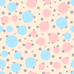 Trendy seamless pattern with scattered circles. Drawn by hand. Pink, blue, beige, dark gray colour.