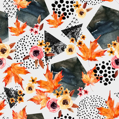 Autumn background: falling leaves, flowers, geometrical elements.