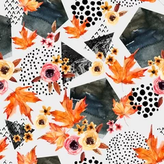 Papier Peint photo Impressions graphiques Fond d& 39 automne : feuilles tombantes, fleurs, éléments géométriques.