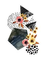 Photo sur Plexiglas Impressions graphiques Fond d& 39 automne avec des feuilles et des fleurs qui tombent, des éléments géométriques.