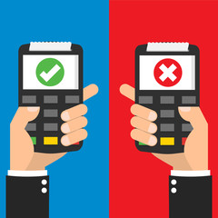 Hand with credit card and hand with POS terminal with unsuccessful and successful payment via payment processing system. Vector illustration business concept design.