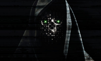 hacker attack background, portrait of a skull in the hood over black background