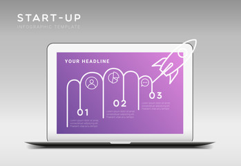 Modern minimalistic startup themed vector infographic template with three steps or options, laptop and launching rocket illustration