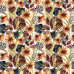 Fotobehang Autumn watercolor floral arrangement, seamless pattern. © Tanya Syrytsyna