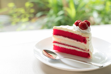 cherry cake. tasty delicious dessert on white plate. homemade bakery pastry