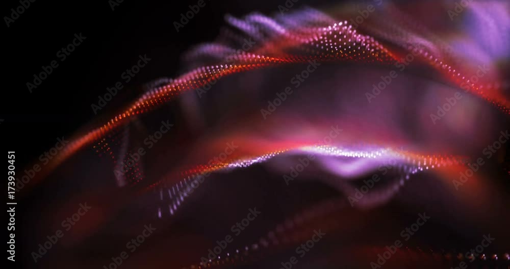 Poster 4k animated background loop with audio elements. 3d abstract digital wave of glowing particles and w