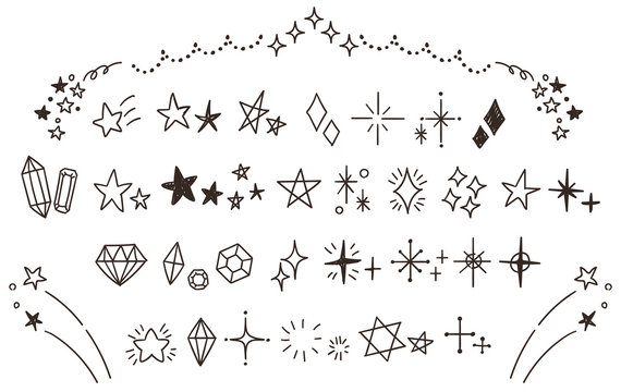 キラキラ・星のかわいい手描きアイコンのセット（線画・透過）