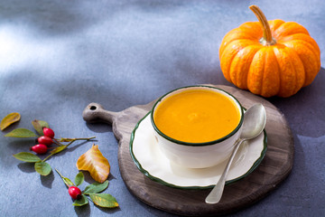 Homemade cream soup made from fresh ripe bottle gourd pumpkin copy space