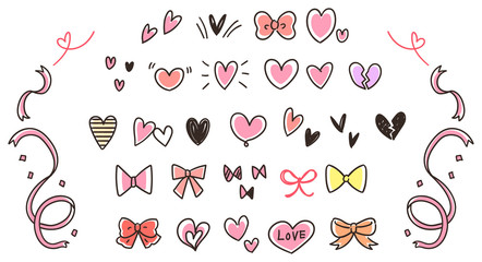 ハートとリボンのかわいい手描きアイコンのセット（カラー）