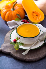 Homemade cream soup made from fresh ripe bottle gourd pumpkin