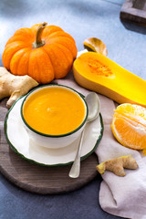 Homemade cream soup made from fresh ripe bottle gourd pumpkin