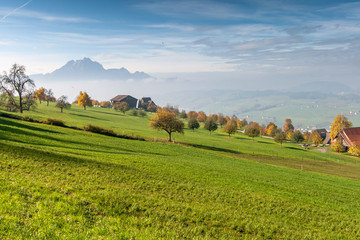 Obraz premium Amaing Autumn Landscape near mount Rigi and lake Luzerne, Alps, Switzerland