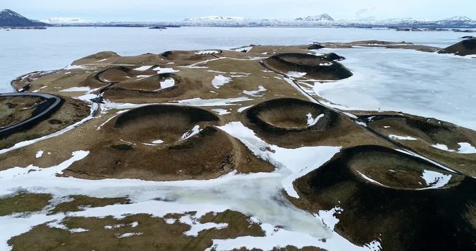 Aerial view of pseudocraters near the frozen lake Myvatn - northern Iceland