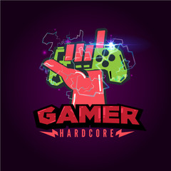 game joystick with love hand sign. logotype for gamer or game reviewer. . Vector illustration © angkritth