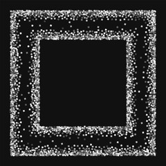 Silver glitter. Square chaotic frame with silver glitter on black background. Remarkable Vector illustration.