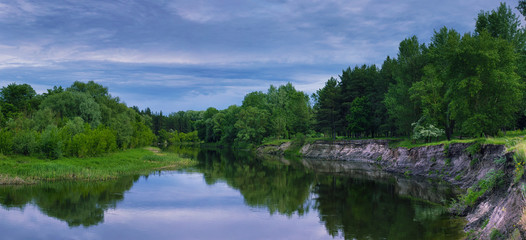 Fototapeta na wymiar River nature panorama with mood weather