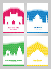 Collection of colorful posters with white silhouettes indian sights. Templates for postcards, tourist banners