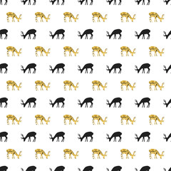 Christmas New Year seamless pattern with deer, reindeer. Holiday black background. Gold white deer. Xmas winter doodle decoration. Golden texture. Hand drawn vector illustration. Wrapping gift paper.