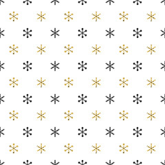 Christmas New Year seamless pattern with snowflakes. Holiday background. Gold snowflakes. Xmas winter decoration. Golden texture. Hand drawn vector illustration. Snow pattern. Wrapping gift paper.