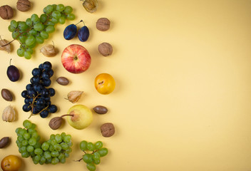 Autumn fruits and nuts on yellow background.