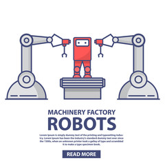 The conveyor robotic arms automated line factory assembly of robots. Plant on assembly of toys. In flat style a vector. Smart industry.